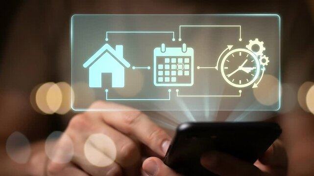 Smart Home and Time Management Concept: Floating Cyan and Pastel Yellow Holographic Interface with House, Calendar, and Clock Icons Over Blurred Smartphone