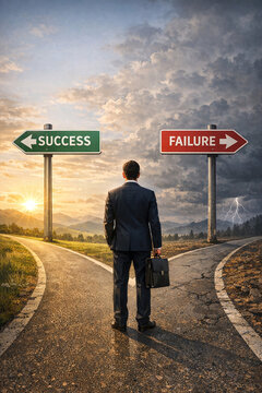 A man stands at a crossroad with two signs pointing left reading 'SUCCESS' and 'FAILURE' on a cloudy day. He is dressed in business attire holding a briefcase looking ahead.
