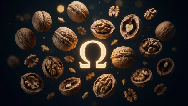 Walnuts in shells and cracked open, floating around a glowing Omega symbol on a dark background with subtle bokeh lights, representing omega-3 fatty acids and brain health.