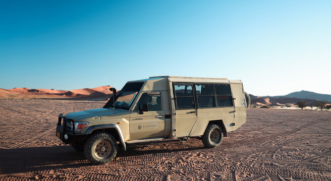 Sossusvlei, Namibia - May 26, 2026: Exploring Deadvlei in Namibia with a four wheel drive vehicle under clear skies