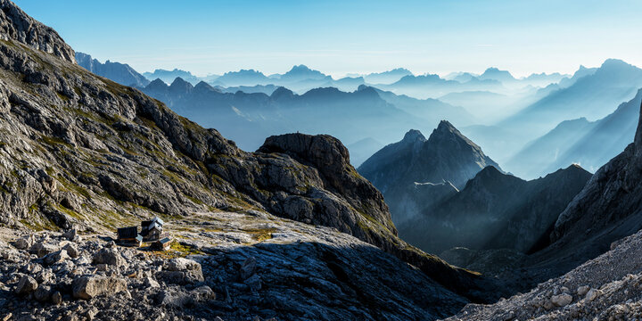 Mountain ranges on sunny day at Rifugio Mulaz, Dolomites, Italy