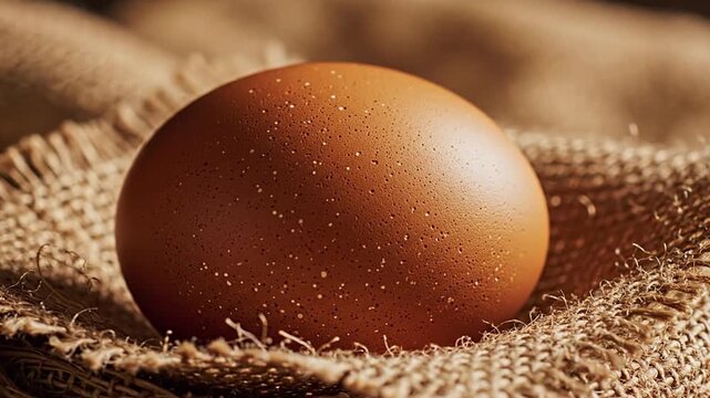 Single organic brown egg on rustic burlap, a natural source of protein for healthy meals, baking, and balanced nutrition, promoting wellness and farm-fresh quality.