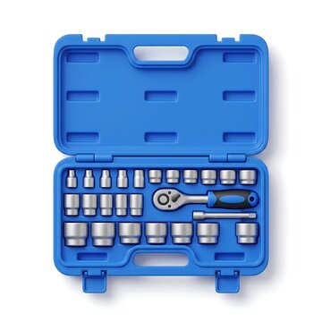 Top down 3D render of a professional socket wrench tool set in blue plastic case