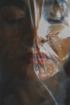 Abstract portrait of woman in plastic representing pollution