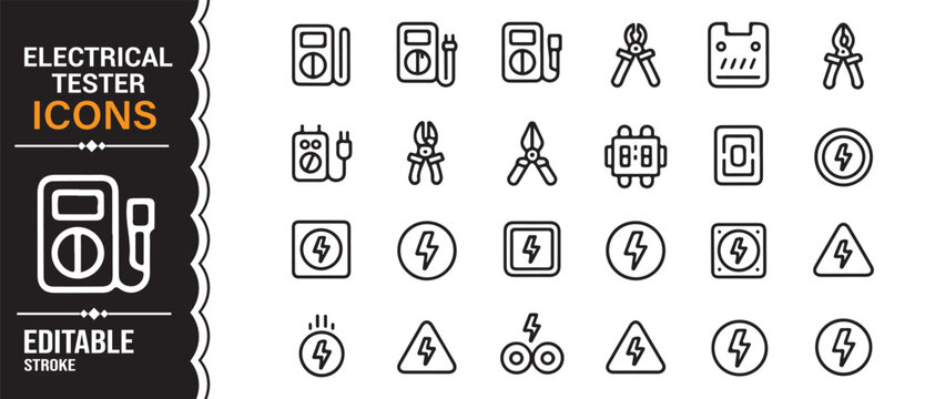 Black and white electric tester symbol collection with voltage measurement icons vector illustration