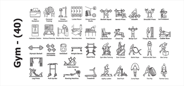 Gym exercise pictogram icons set strength training cardio and fitness facility illustrations