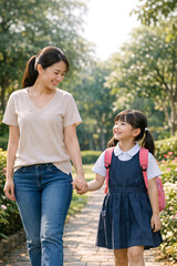 Obraz premium Mother walks hand-in-hand with young daughter through sunlit park path. Girl wears school uniform and pink backpack. Trees and greenery surround them. Bright, natural daylight illuminates scene