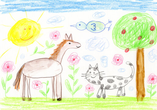 Colorful children's drawing of a horse and cat in a garden