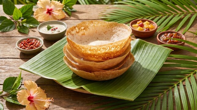 Stack of golden Sri Lankan hoppers arranged elegantly on a banana leaf, tropical dining setting, vibrant colors, commercial food photography, ultra detailed