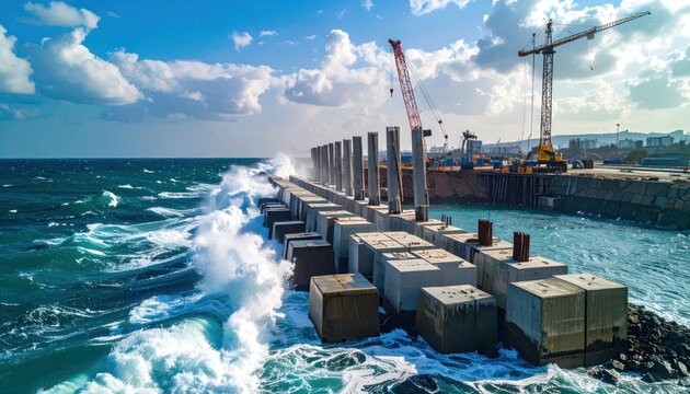 Concrete breakwater construction under construction in rough sea.