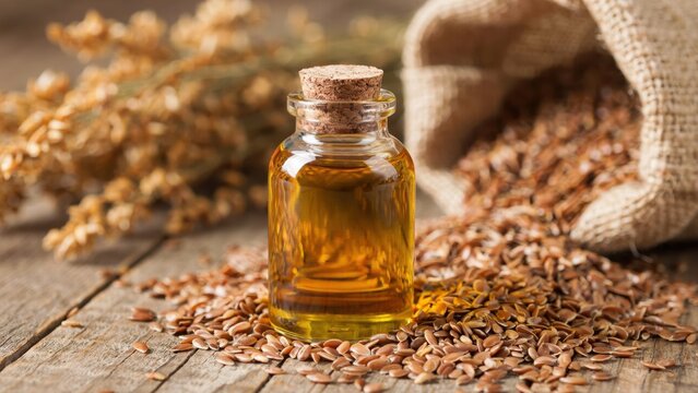 Bottle of flaxseed oil with seeds in a rustic setting