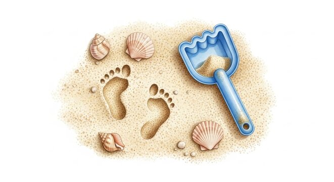 Beach - Pair of Barefoot Footprints in Sand with Blue Plastic Shovel Seashells Watercolor Illustration