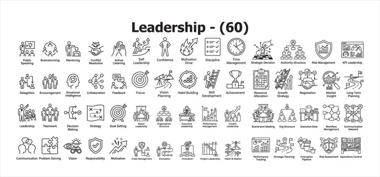 Leadership concepts illustration public speaking teamwork strategy decision making and executive management icons
