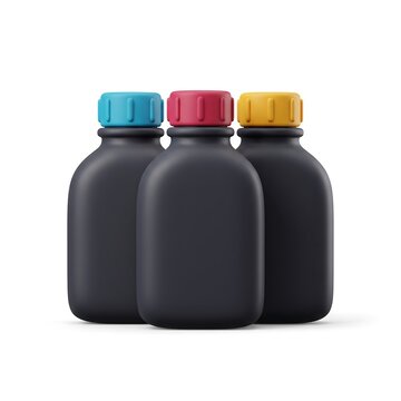 Three matte black plastic bottles with cyan magenta and yellow caps isolated on white background 3D render