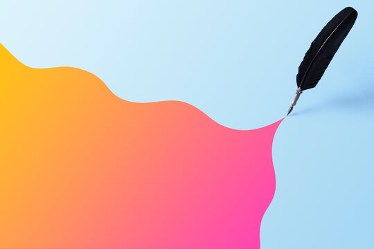 Quill pen leaving a colorful trace over blue background