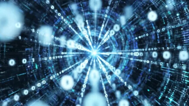 Abstract blue digital network radiating light in a dark futuristic void with bokeh effects