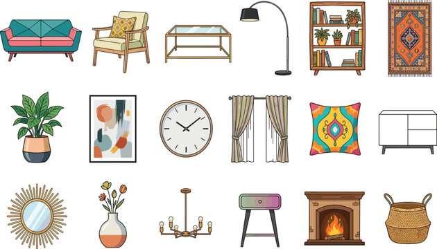 Flat vector illustration set of modern living room furniture home decor and interior design elements isolated on white  vector illustration set of modern living room furniture home and 