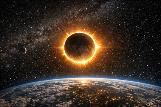 An artistic depiction of a solar eclipse over the Earth set in the cosmos with distant galaxies and stars.