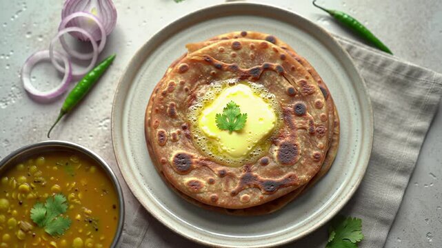 Authentic Indian Aloo Paratha served hot with melting butter, dal, onions, and green chilies. A comforting, traditional home-cooked meal representing rich Indian cuisine, perfect for breakfast or...