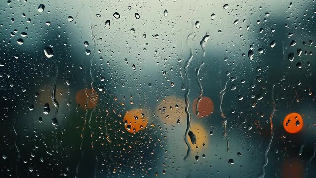 Raindrops sliding down a wet window pane with blurry orange city bokeh lights video motion clip