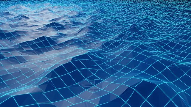 Abstract blue grid waves in motion with subtle light shifts during a serene digital exploration