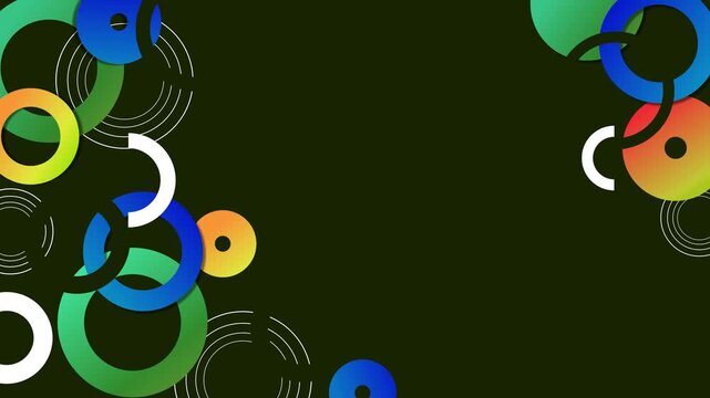 Dark abstract background overlapping rings and circular accents arranged in corners animation