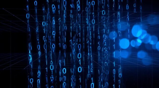 Futuristic Digital Environment With Blue Lines And Binary Code Flowing Against Dark Background