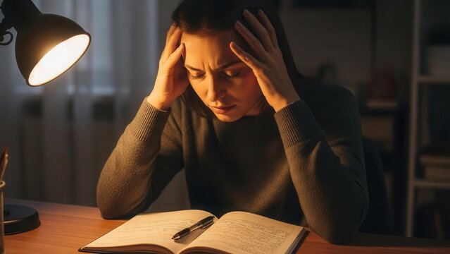 A stressed woman studying late at night under a desk lamp, looking frustrated.