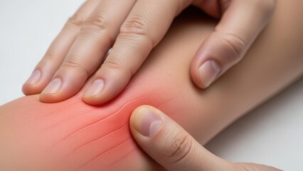Fototapeta premium A person's hand gently touching a painful, inflamed forearm with red highlights indicating muscle or joint discomfort.