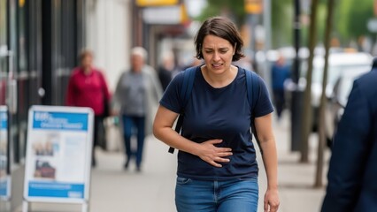 Fototapeta premium A woman walking on a city street experiencing stomach pain or discomfort.