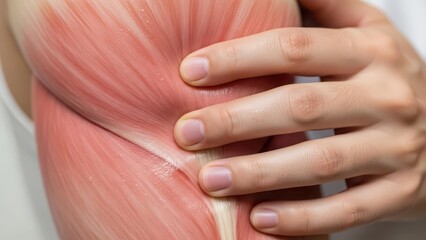 Naklejka premium Close-up of a person's hand touching their upper arm with an anatomical overlay showing detailed muscle structure, illustrating pain or medical examination.