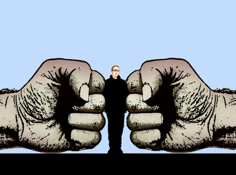 A figure is trapped and crushed between giant fists