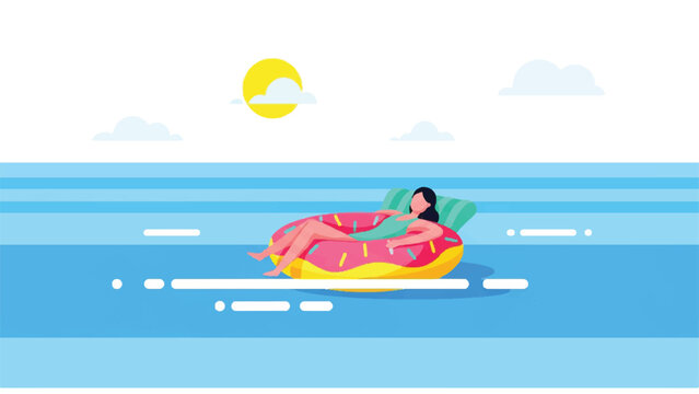 Woman Relaxing on Inflatable Donut Raft.