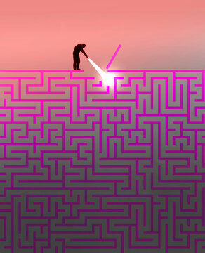 Silhouette investigating a complex pink maze with a flashlight