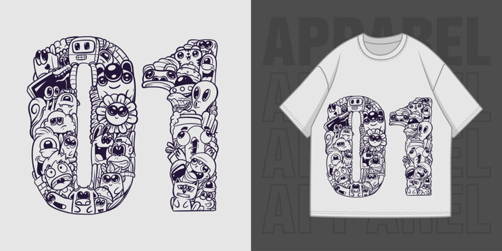 HAND DRAWING DOODLE NUMBER 01 ILLUSTRATION T-SHIRT APPAREL PRINTING DESIGN