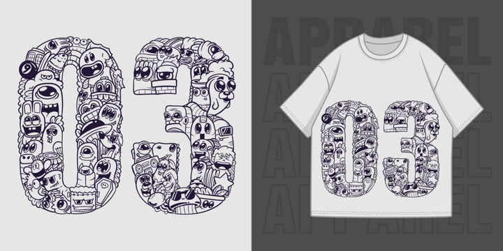 HAND DRAWING DOODLE NUMBER 03 ILLUSTRATION T-SHIRT APPAREL PRINTING DESIGN