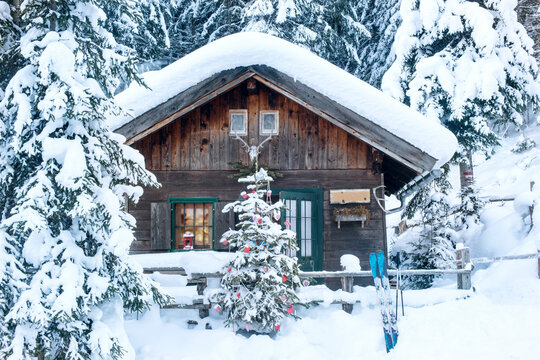 Austria, Altenmarkt-Zauchensee, Christmas tree at wooden house in snow