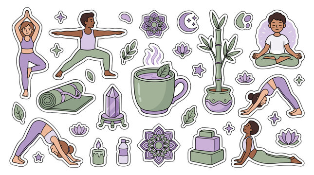 Collection of yoga poses and wellness items