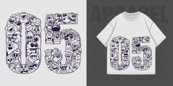 HAND DRAWING DOODLE NUMBER 05 ILLUSTRATION T-SHIRT APPAREL PRINTING DESIGN