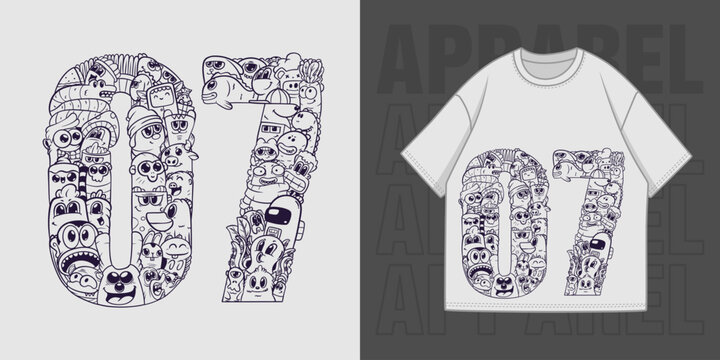 HAND DRAWING DOODLE NUMBER 07 ILLUSTRATION T-SHIRT APPAREL PRINTING DESIGN