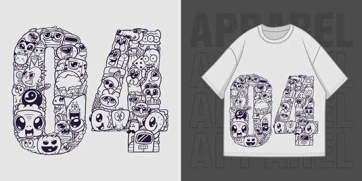 HAND DRAWING DOODLE NUMBER 04 ILLUSTRATION T-SHIRT APPAREL PRINTING DESIGN