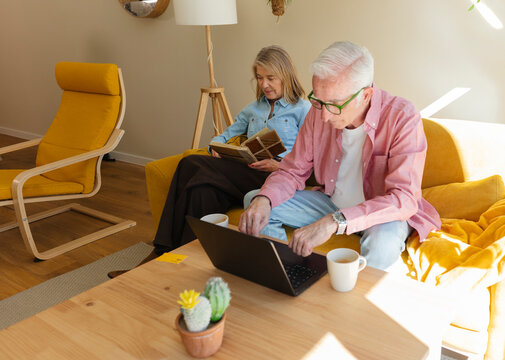 Couple with laptop and book in modern living room