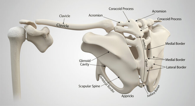 Detailed anatomical structure of human shoulder joint with labeled parts including scapula clavicle and humerus bones