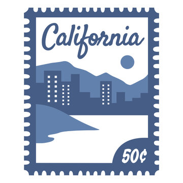 California stamp design featuring city skyline and mountains