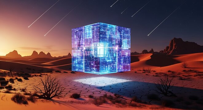 Futuristic Cube in Desert Landscape with Meteor Shower.