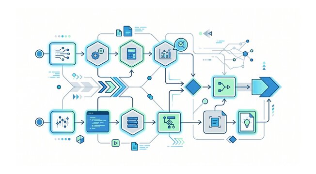 Parallel processing workflow chart infographic showing synchronized linear flow paths in flat vector format
