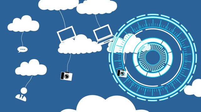 Abstract cloud computing concept with laptops cameras and clouds circular futuristic interface element animation