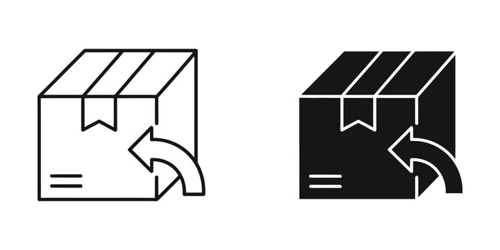Shipping box with return arrow icon in outline and solid black on white background vector illustration