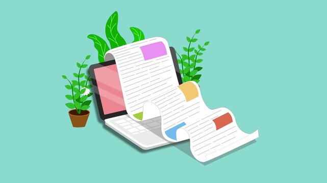 Animation of a laptop with long scroll of documents spilling out, Laptop with overflowing document scroll
