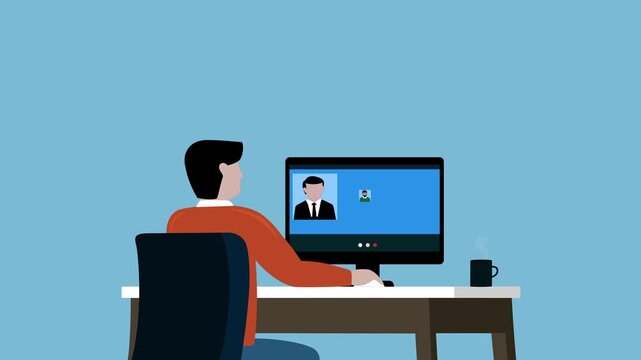 Animation of a person seated at a desk working on a desktop computer, Person at desk working on computer animation